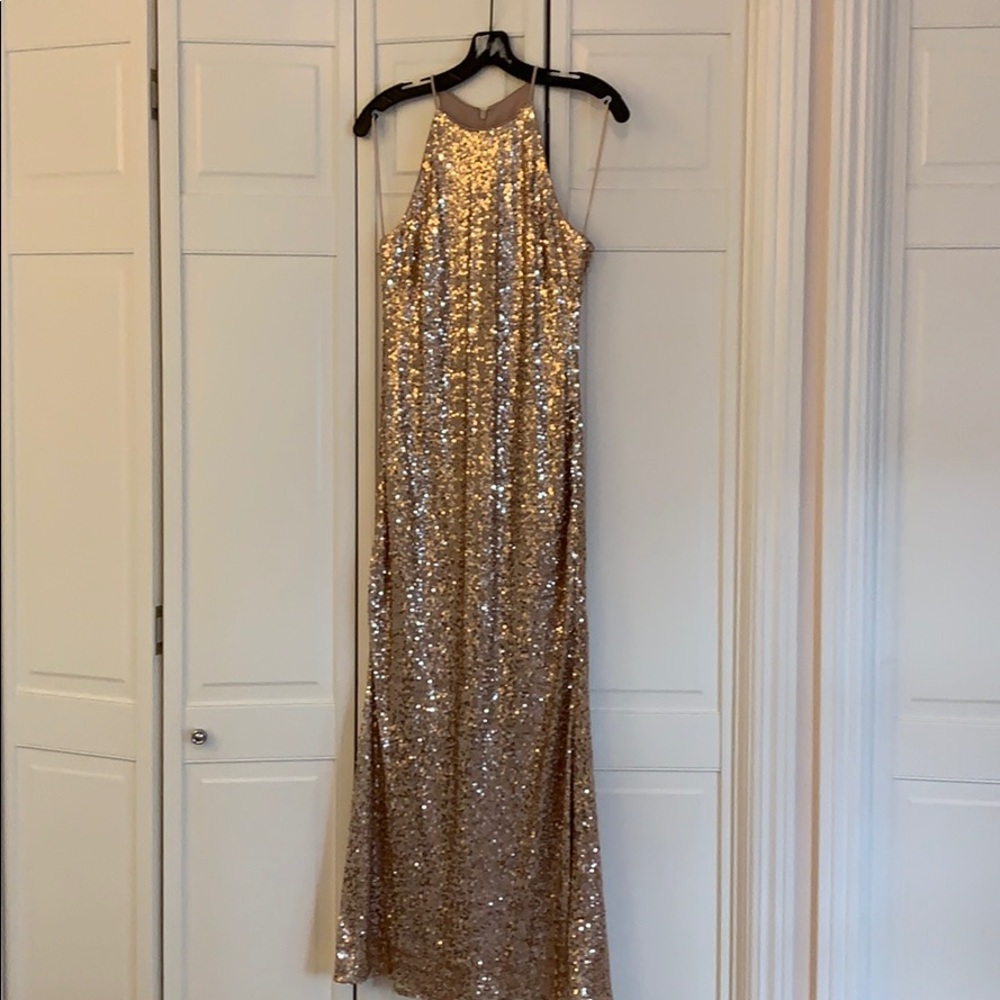Badgley Mischka Rose Gold Sequin Halter Evening Gown